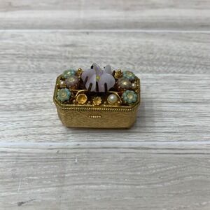 Florenza Mini Vintage Gold Tone Floral Hinged Footed Pill Trinket Box Pink Blue